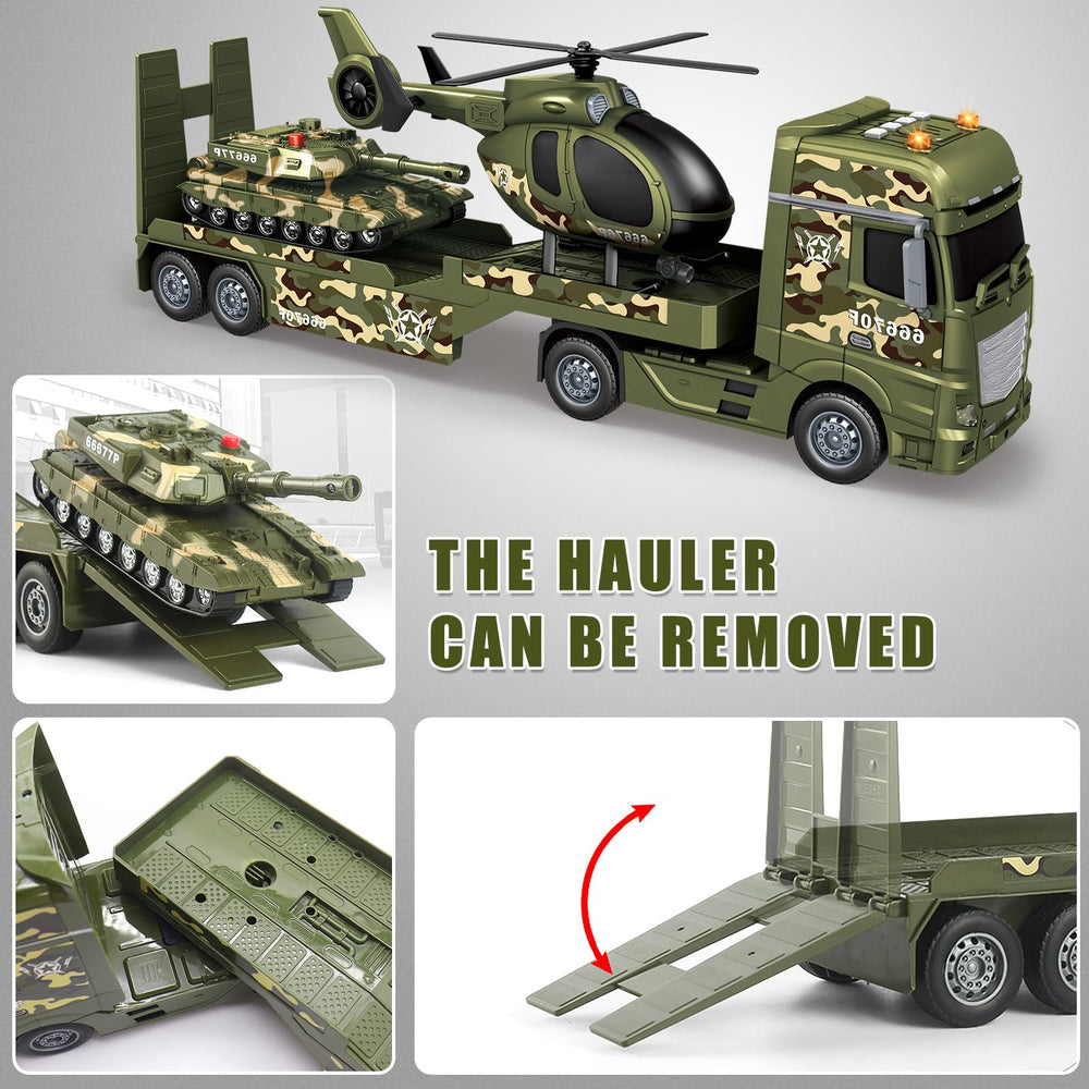Yiwsnust green military truck toy side view showing 3-in-1 play value