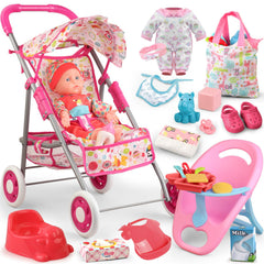 YIYBM baby doll stroller set with a complete play kit for imaginative outings.