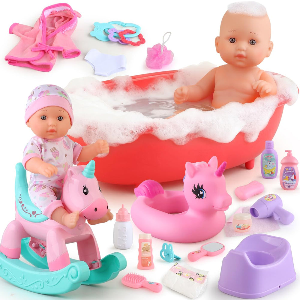 YIYBM bath tub and doll setup for realistic bath time play and role-play fun