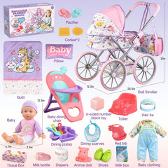 YIYBM twelve-point-five-inch baby doll in stroller for imaginative play.