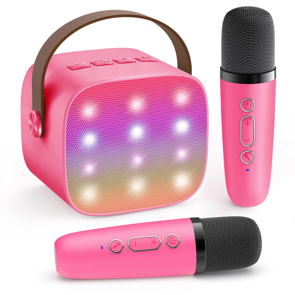 YLL Mini Karaoke Machine front view with two wireless mics and LED lights for kids fun