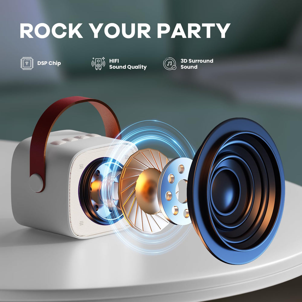 YLL Mini Karaoke Machine LED lights sync with music for a vibrant party.