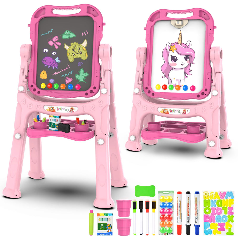 Ylovetoys Kids Art Easel rose pink with double-sided surfaces for versatile art.