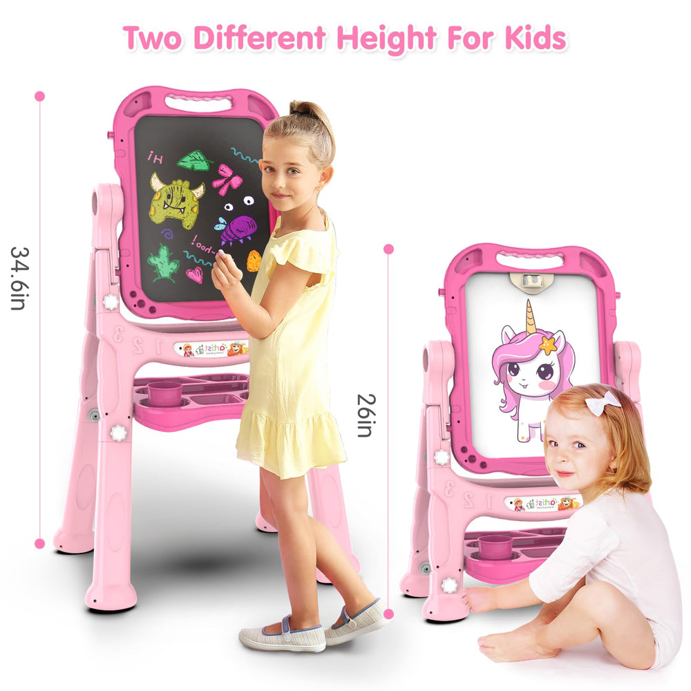 Ylovetoys easel features magnetic dry-erase and chalkboard for collaborative drawing.