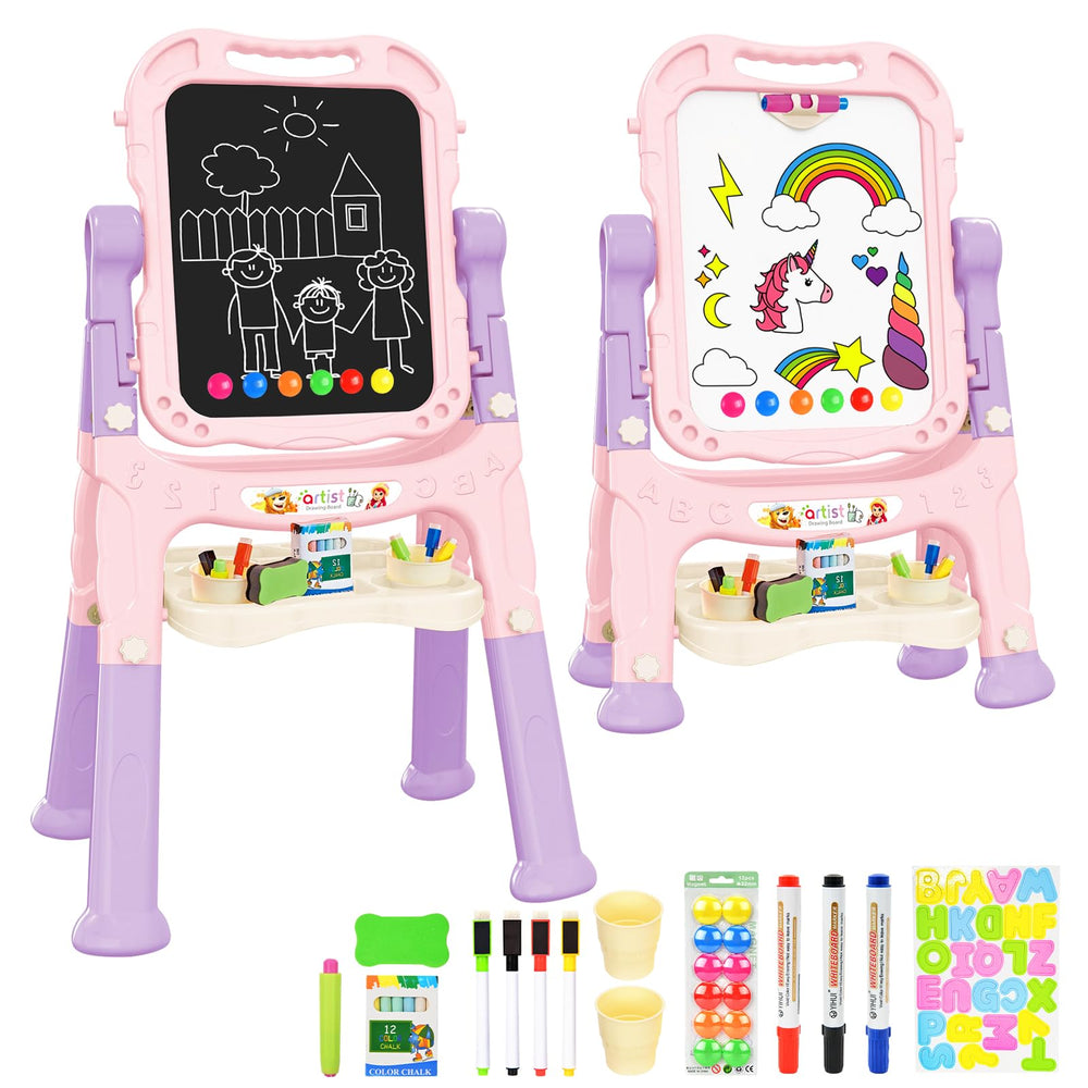 Ylovetoys Kids Art Easel stand with pink finish, perfect for independent drawing sessions.