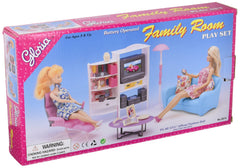 YMCtoys Gloria family room set with TV center and plush seating for imaginative play