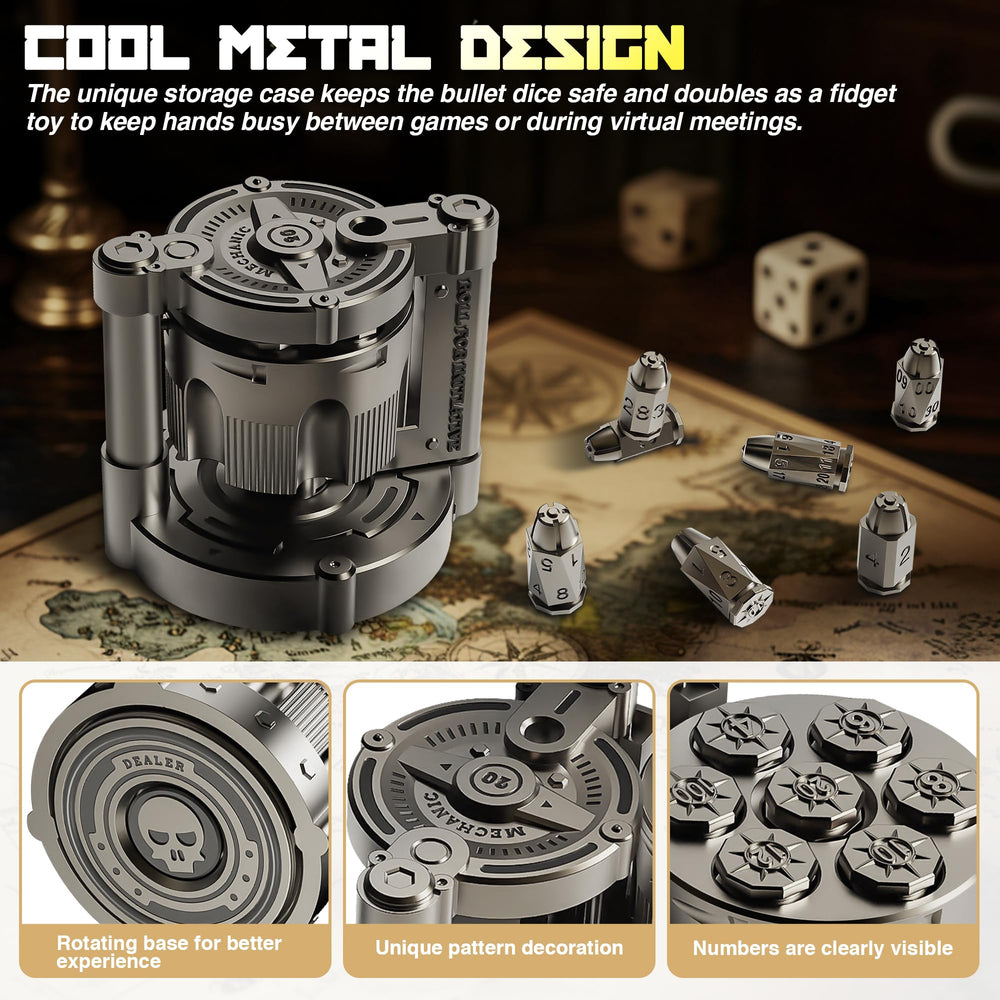YNWML metal dice case spin, a tactile fidget feature between turns.
