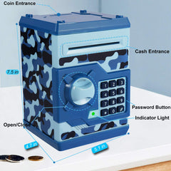 Yoego Kids Money Bank blue camo paper money scroll in action.