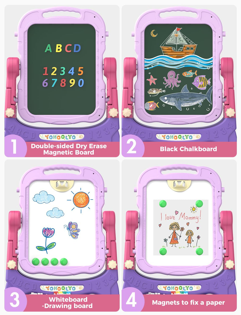 YOHOOLYO Easel double-sided magnetic board supports magnets and drawings.