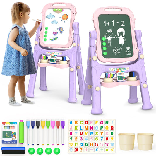 YOHOOLYO Kids Easel with 360-degree rotation, dual surfaces for versatile play.