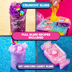 YOLO Unicorn Candy Craze slime kit tools and containers organized for easy crafting.