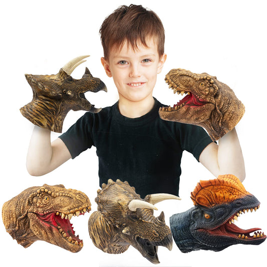 Yolococa dinosaur hand puppets showcase realistic latex textures for engaging storytelling.