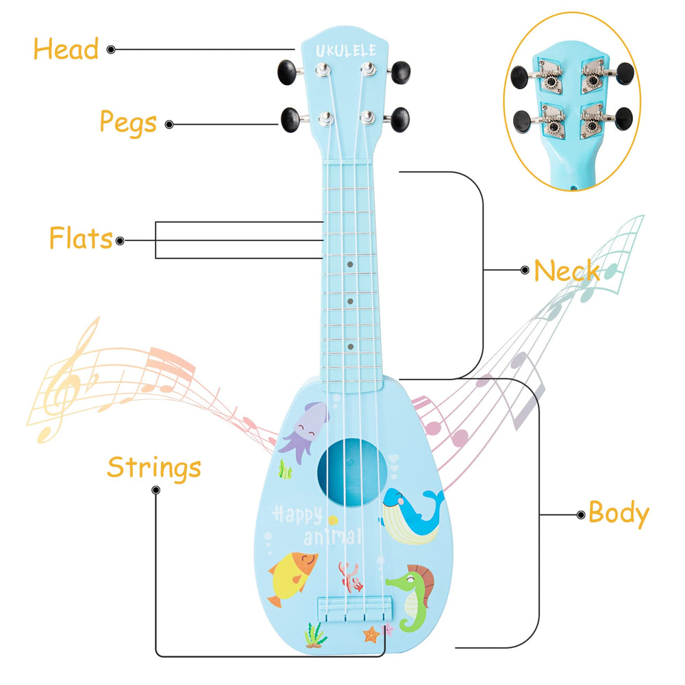 Nylon strings close-up on YOLOPARK 17-inch toy guitar for gentle touch