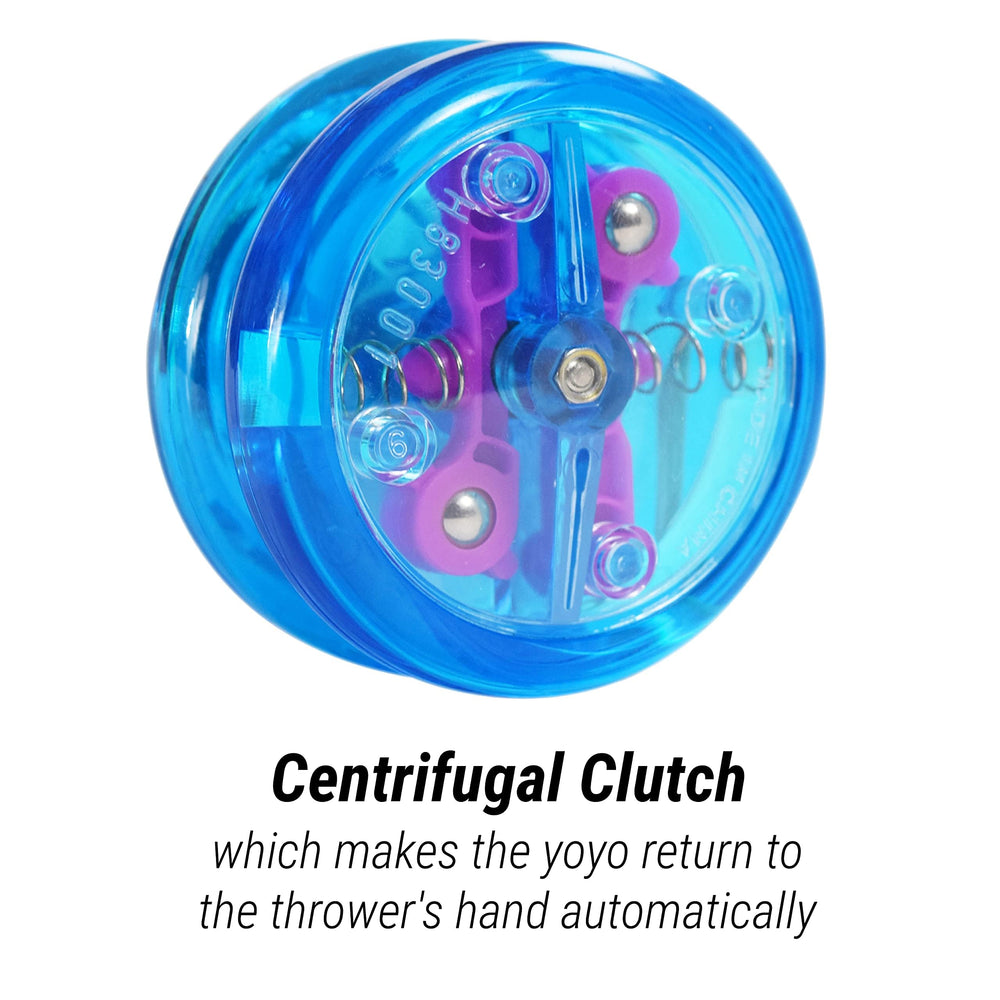 Yomega Brain blue spin action highlights extended spins for practice.