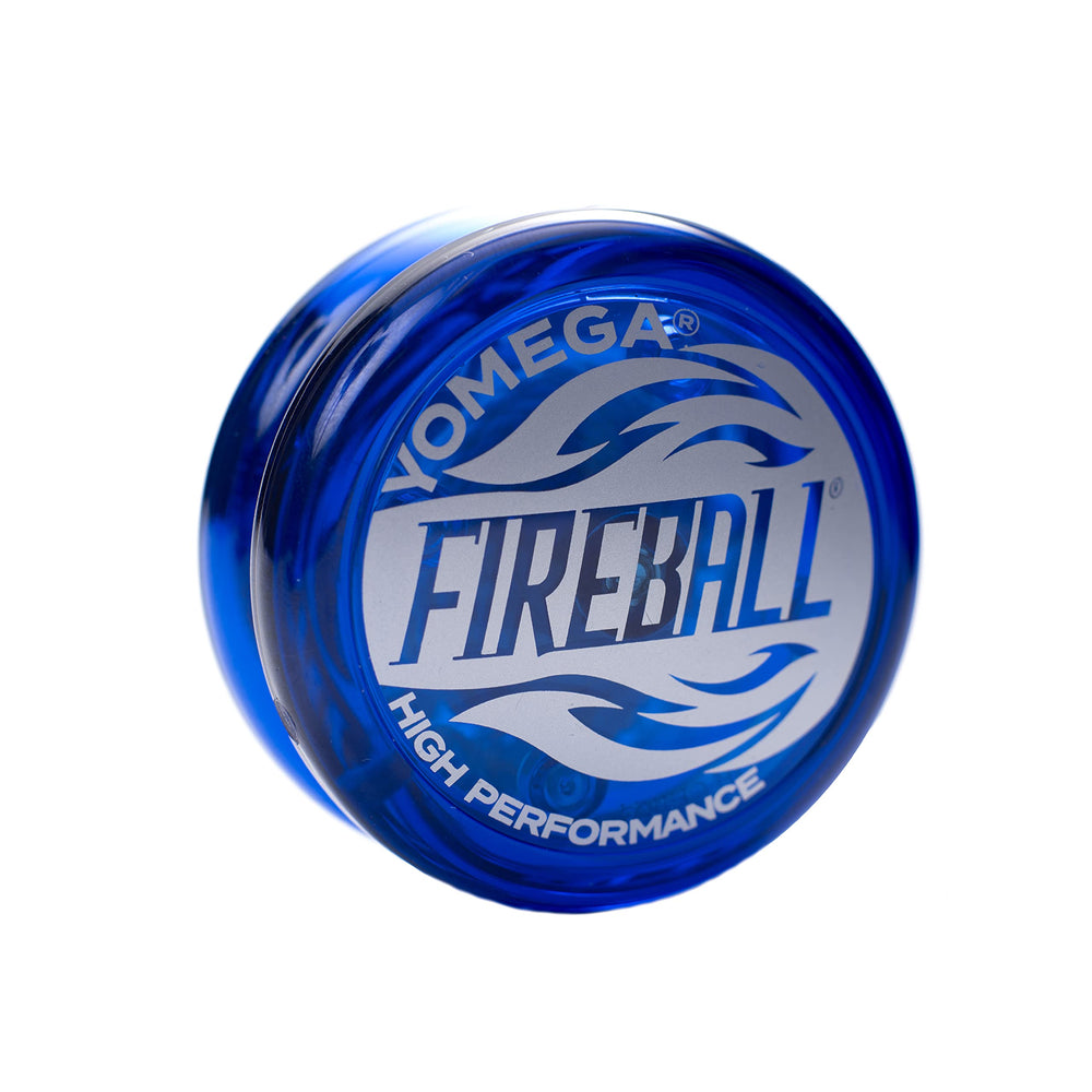 Yomega Fireball YoYo blue front view shows long-spin potential on a crisp string.