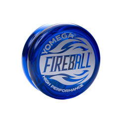 Yomega Fireball YoYo blue front view shows long-spin potential on a crisp string.