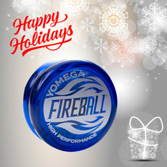 Yomega Fireball blue side view highlighting balanced weight for stable returns.