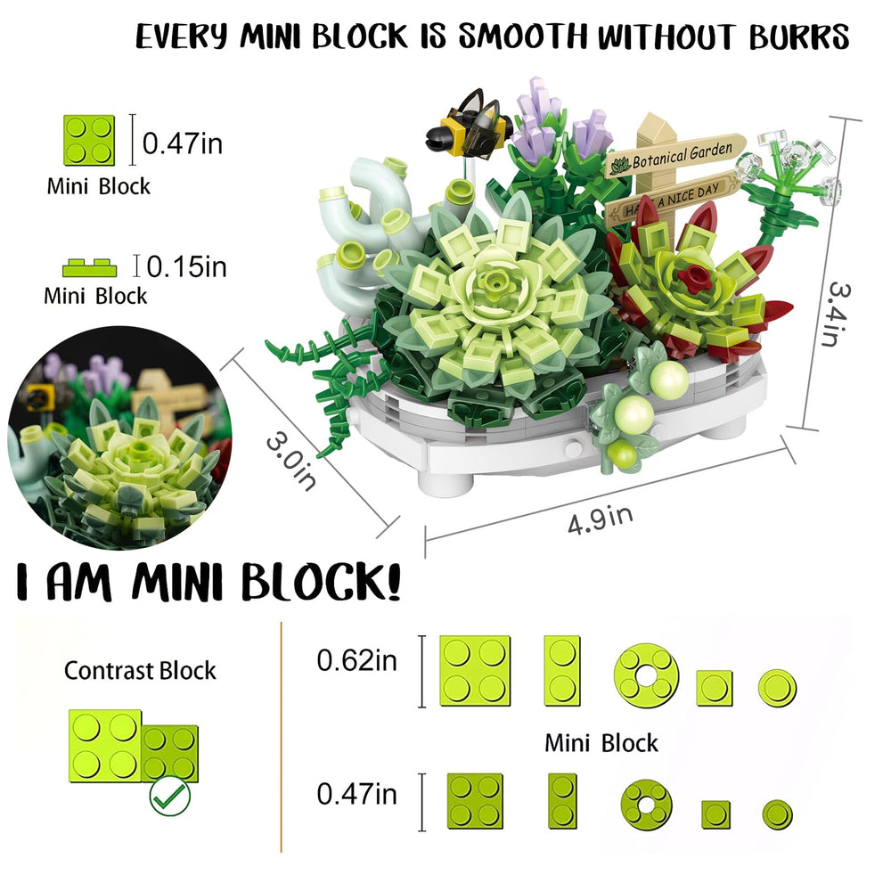 YONGJULE mini bricks closeup showing detailed, colorful succulent accents