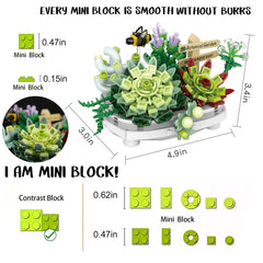 YONGJULE mini bricks closeup showing detailed, colorful succulent accents