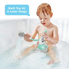 Yookidoo bath shower head delivers gentle stream for facial wash hair and neck.