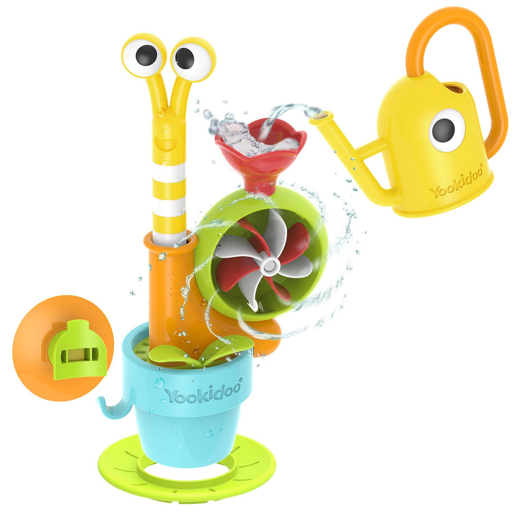 Yookidoo pop-up snail sprinkler with shell spin entertains toddlers during bath time.