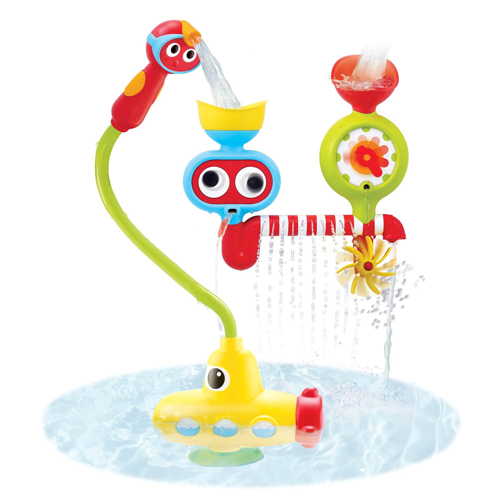 Yookidoo Submarine Spray Station shows water pump action for lively bath play.