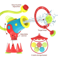 Yookidoo Water Cannon Ball Blaster includes five balls for continuous play.