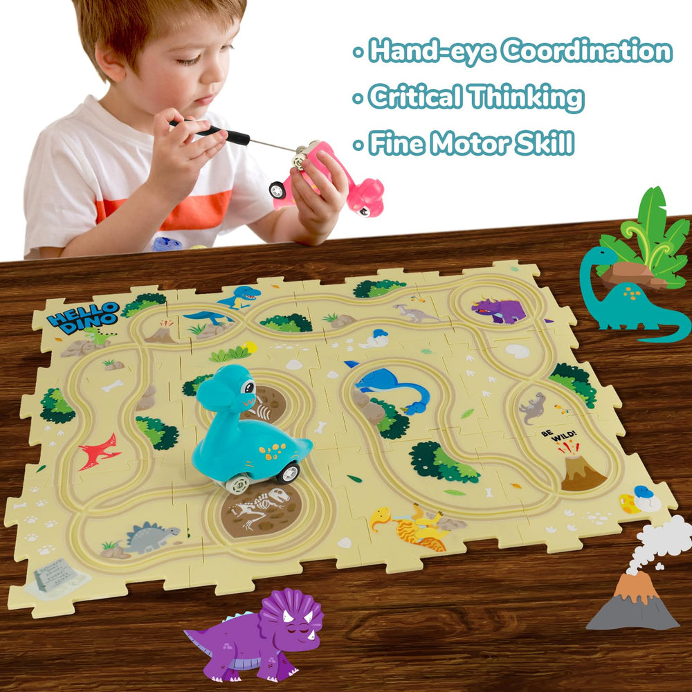 YOOYID Dino cars and 12 puzzle pieces for hands-on building