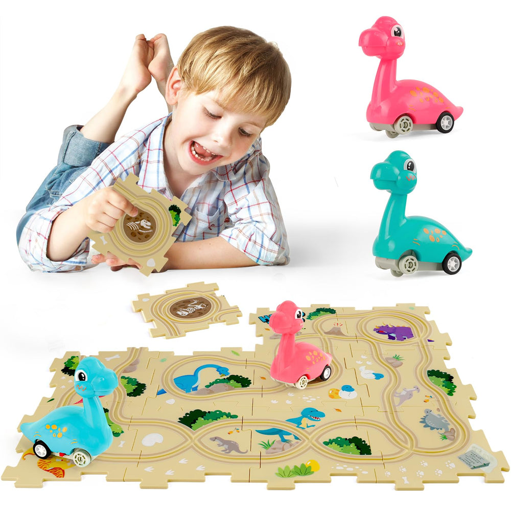 YOOYID Puzzle Racer with dino cars on a bright track for imaginative play