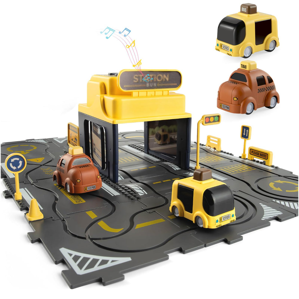 Yooyid Puzzle Track Bus Station with bright lights inviting imaginative play and music.
