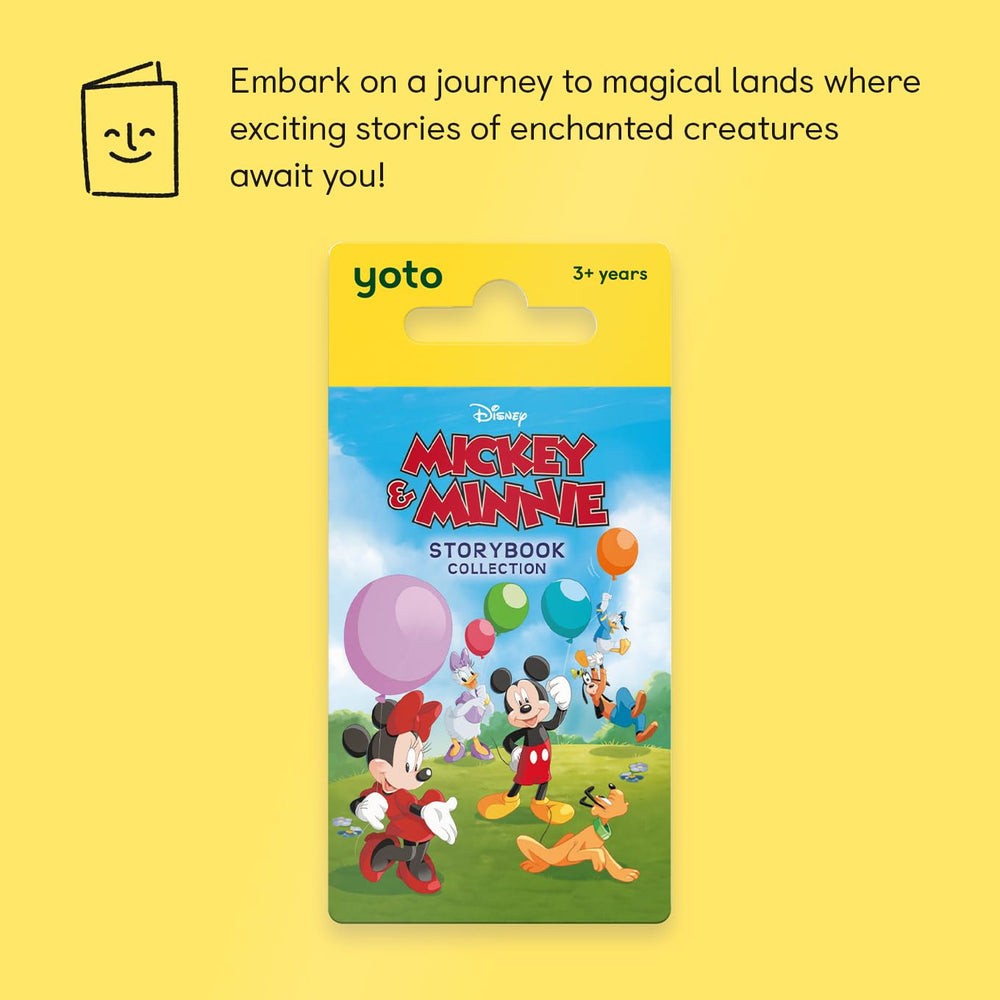 YOTO Mickey & Minnie card in hand for on-the-go listening