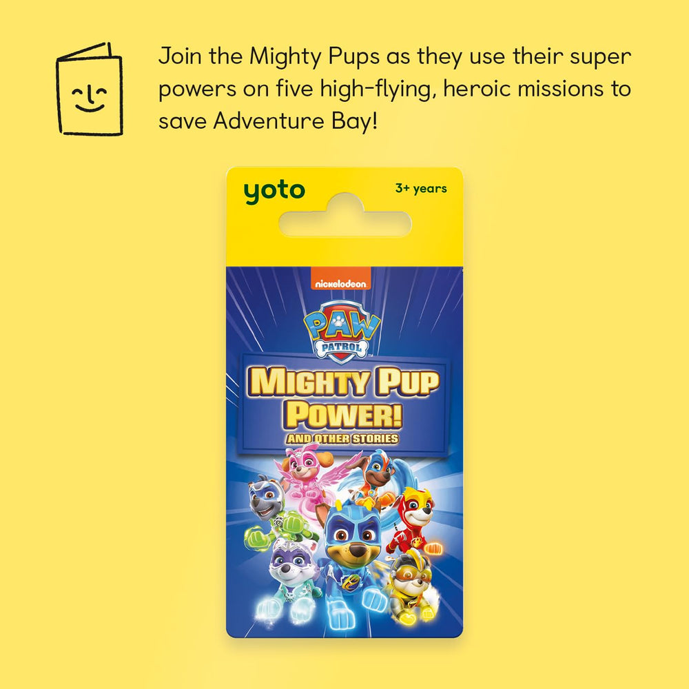 YOTO Paw Patrol Mighty Pup Power Card back with key setup details for parents.