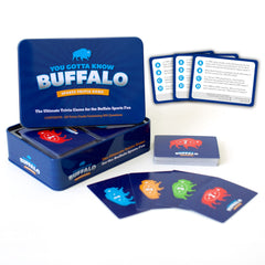 You Gotta Know Buffalo trivia cards in a metal tin for game night.