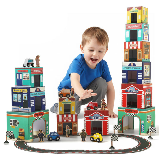 Youuys 3-in-1 sort-stack toy with nesting boxes featuring a fire station scene for imaginative play.