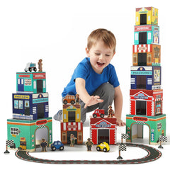 Youuys 3-in-1 sort-stack toy with nesting boxes featuring a fire station scene for imaginative play.