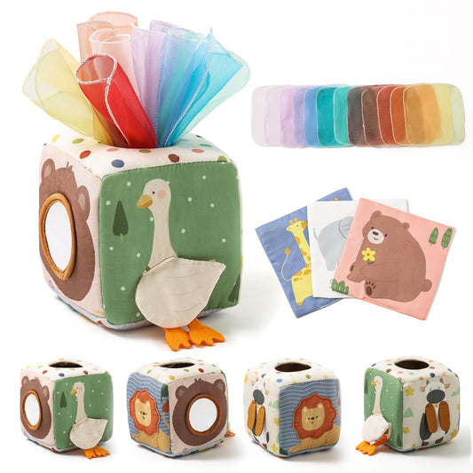 Youuys tissue box toy with pull out scarves for engaging fine motor play.