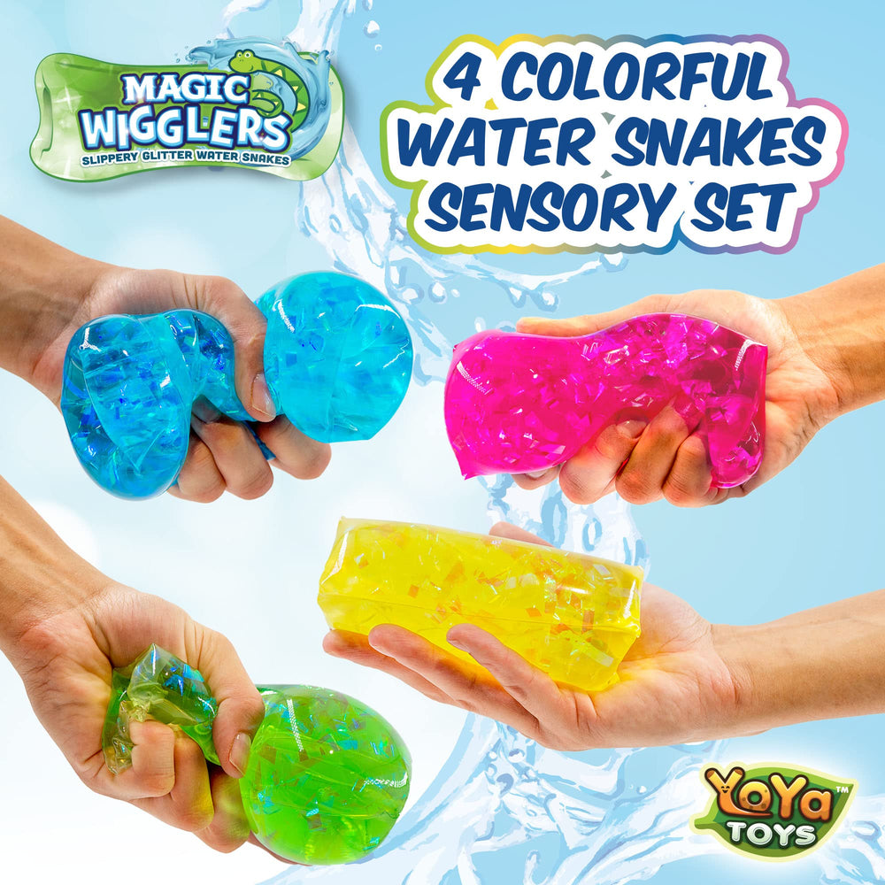 YoYa Toys Magic Wigglers Water Snake Fidget Toy bundle; close-up texture highlights squishy sensory feedback
