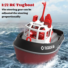 Yoyoom RC Tugboat side profile showing durable hull and confident handling.