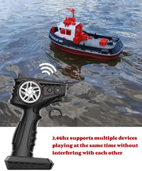 Yoyoom RC Tugboat on water with propellers in motion and splash.