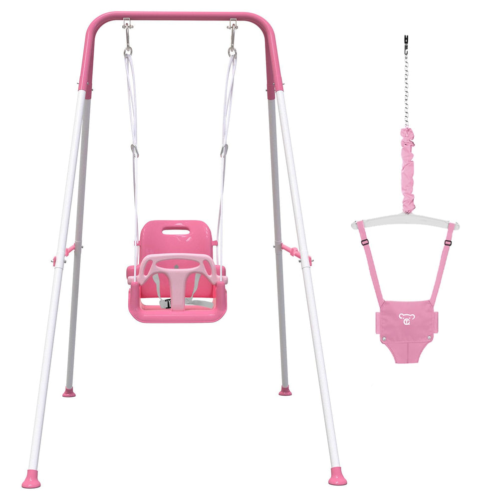 Yozoia 2-in-1 toddler swing and jumper in pink, safe for indoor and outdoor fun.