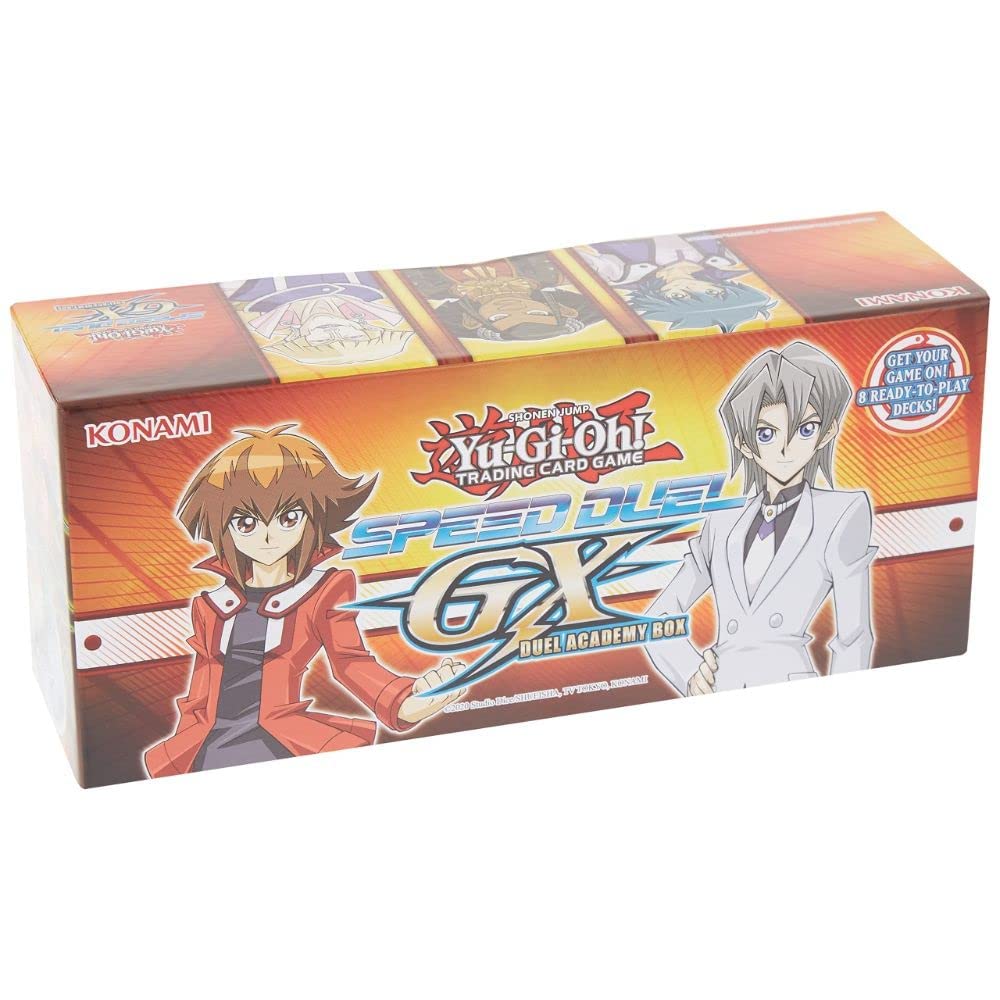Inside view of Yu-Gi-Oh! Speed Duel GX Duel Academy Box showing starter components for quick play.