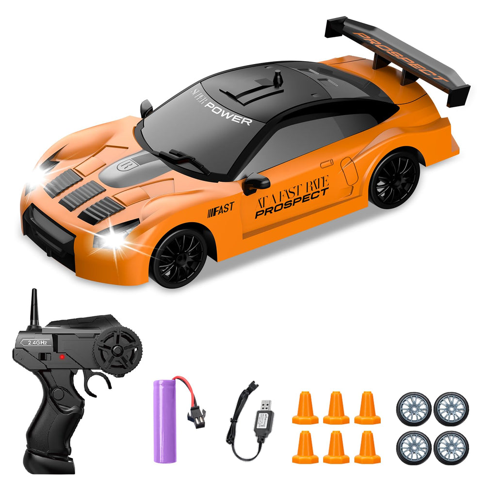 YUAN PLAN RC drift car front view with LED lights for nighttime action