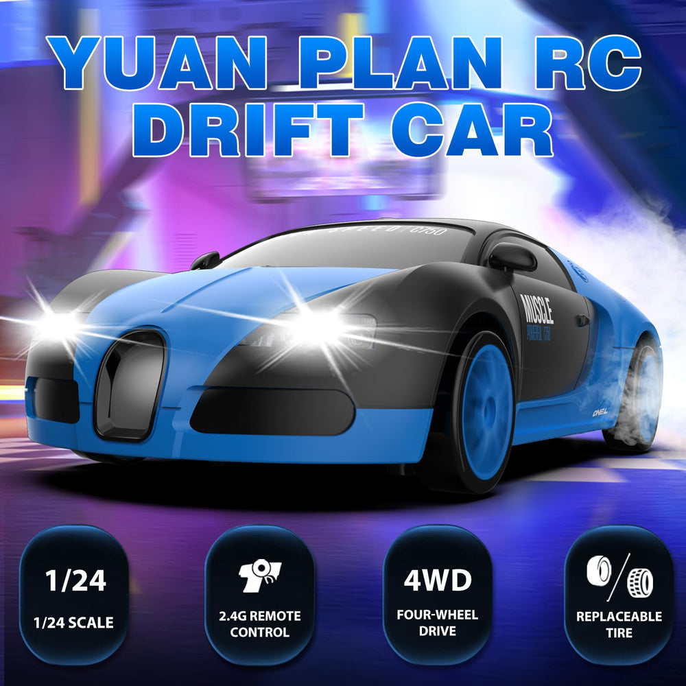 YUAN PLAN RC Drift Car blue side view showing drift tires for smooth corners