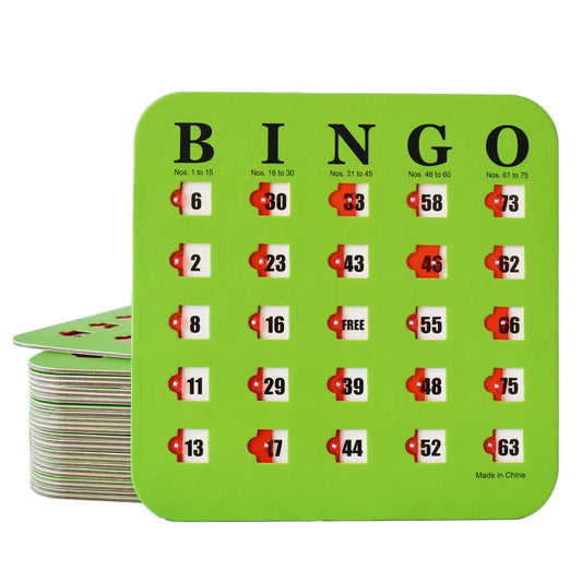 Yuanhe bingo cards with sliding windows in green for quick marking.