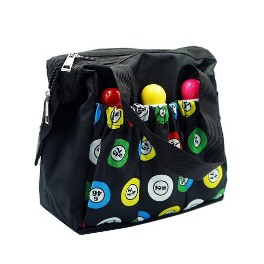 Yuanhe Bingo Dauber Bag front view shows sleek black tote with durable exterior for easy bingo transport