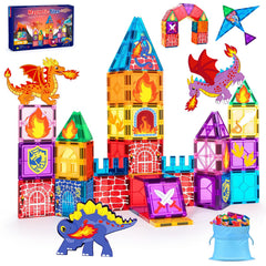 YUANNA Dragon Toys magnetic tiles create a colorful creative scene for imaginative play.