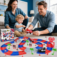 Yuanna spider cars race on a flexible, colorful track.