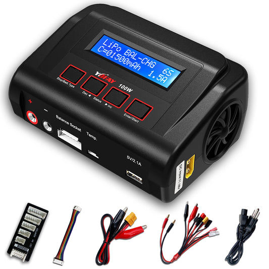 YUFAY RC battery charger front view highlighting compact design and fast charging potential.