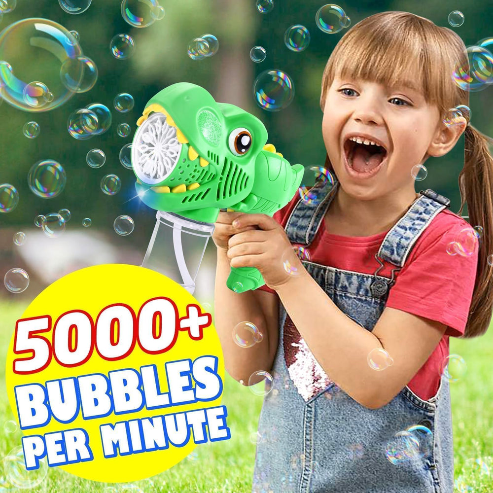 Yunaking dino bubble gun with blue LED lights during use boosts excitement