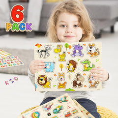 YUNCHY Wooden Peg Fruit Puzzle encourages color recognition and healthy curiosity.